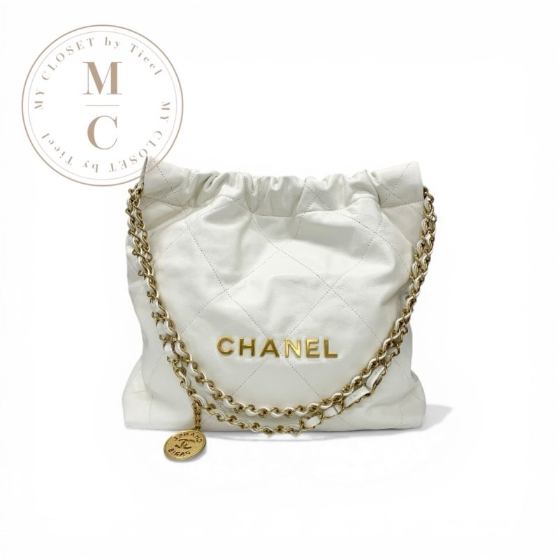 シャネル CHANEL バッグ ショルダーバッグ ホワイト ゴールド シャネル22 スモールハンドバッグ ココマーク ロゴ カーフスキン チェーン