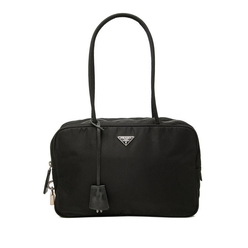 プラダ 三角ロゴプレート ハンドバッグ ブラック ナイロン レザー レディース PRADA 【中古】