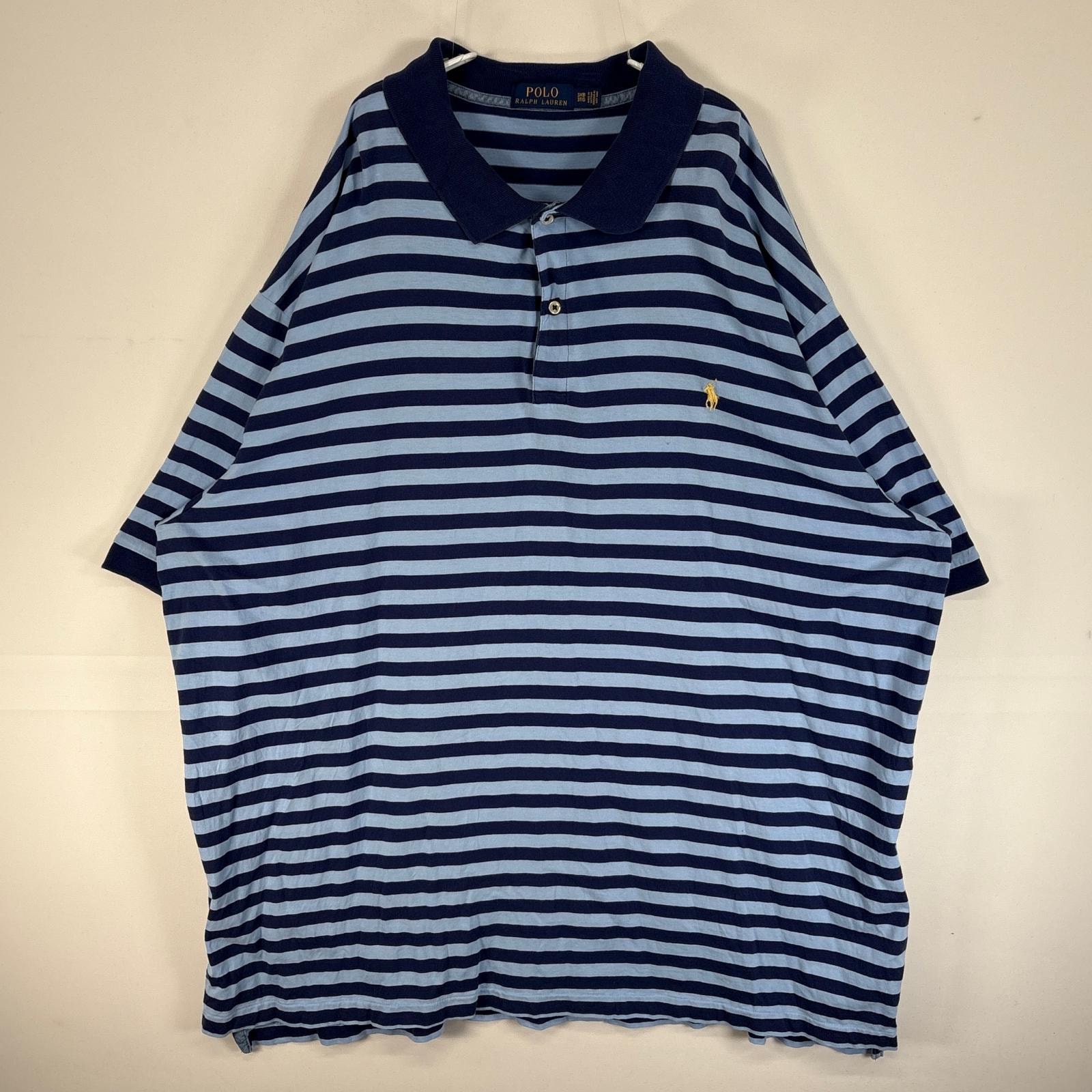 古着 ポロ・ラルフローレン POLO RALPH LAUREN 半袖 ポロシャツ ロゴ 刺繍 大きいサイズ 2ボタン 3XL  ブルー系 ボーダー メンズ