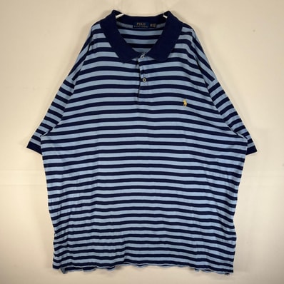 古着 ポロ・ラルフローレン POLO RALPH LAUREN 半袖 ポロシャツ ロゴ 刺繍 大きいサイズ 2ボタン 3XL ブルー系 ボーダー メンズ