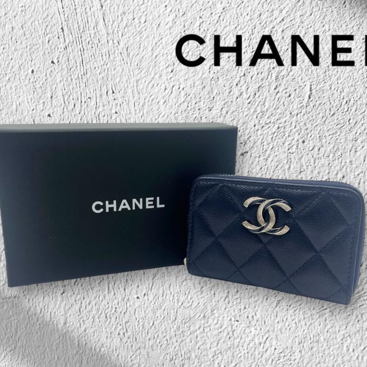 CHANEL シャネル マトラッセ キャビアスキン コインケース 財布 ネイビー ゴールド金具 ★美品★