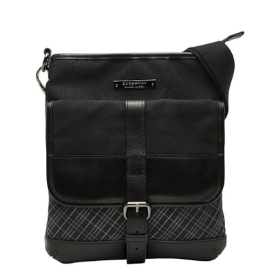 バーバリーブラックレーベル チェック 斜め掛け ショルダーバッグ ブラック グレー レザー ナイロン レディース BURBERRY BLACK LABEL 【中古】