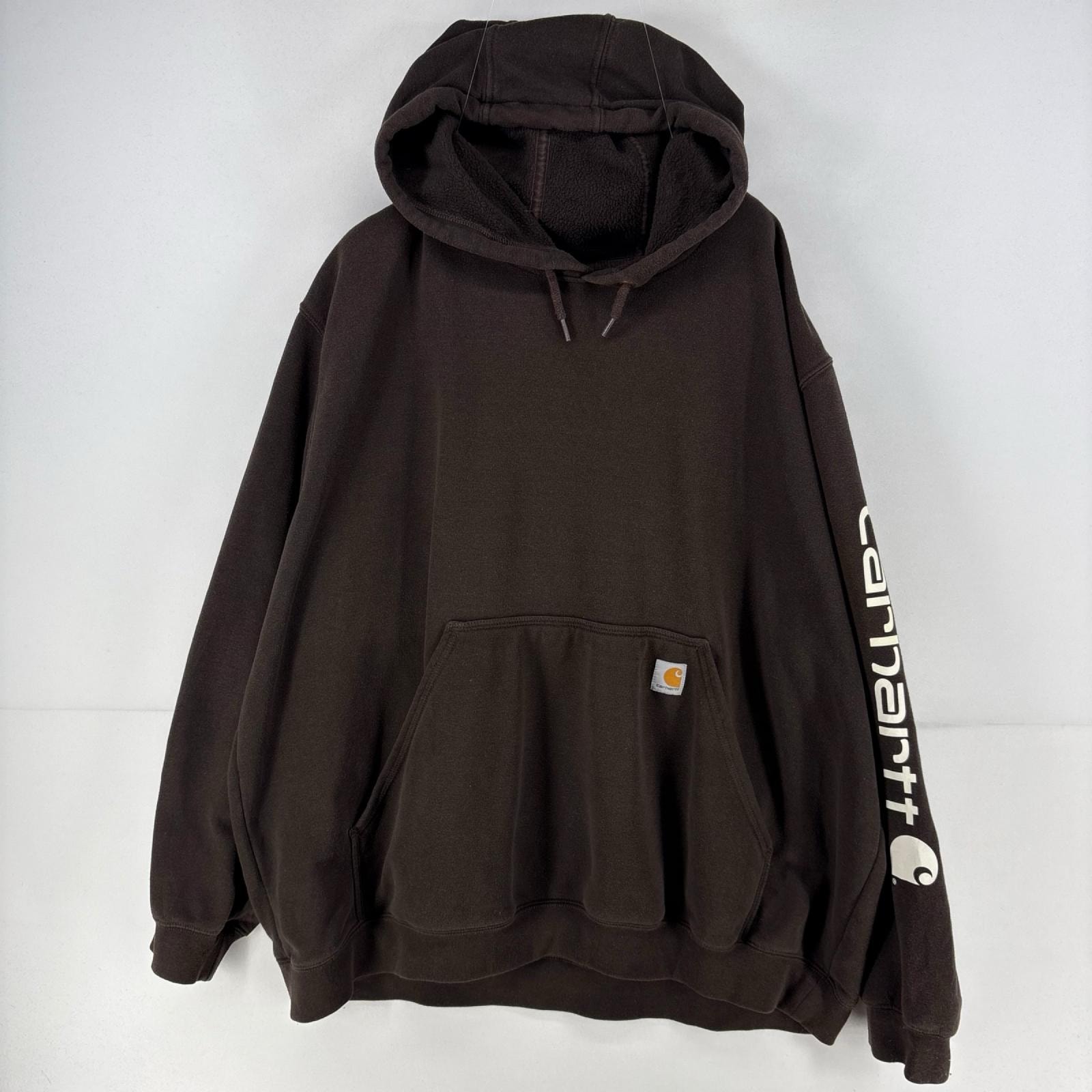 古着 カーハート Carhartt パーカー スウェット ロゴ 袖プリント プルオーバー ワンポイント 3XL  ブラウン プリント メンズ
