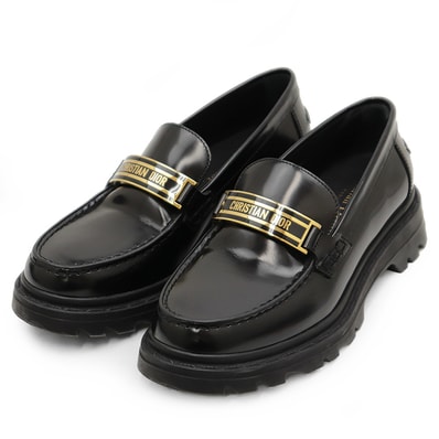 【美品】Christian Dior クリスチャンディオール ロゴプレート ローファー サイズ 35 レディース レザー シューズ 靴 ブラック 黒 イタリア製