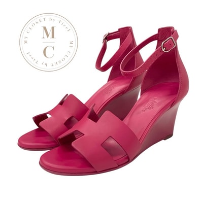 エルメス HERMES レジェンド サンダル 靴 シューズ レザー ピンク ウェッジソール アンクルストラップ