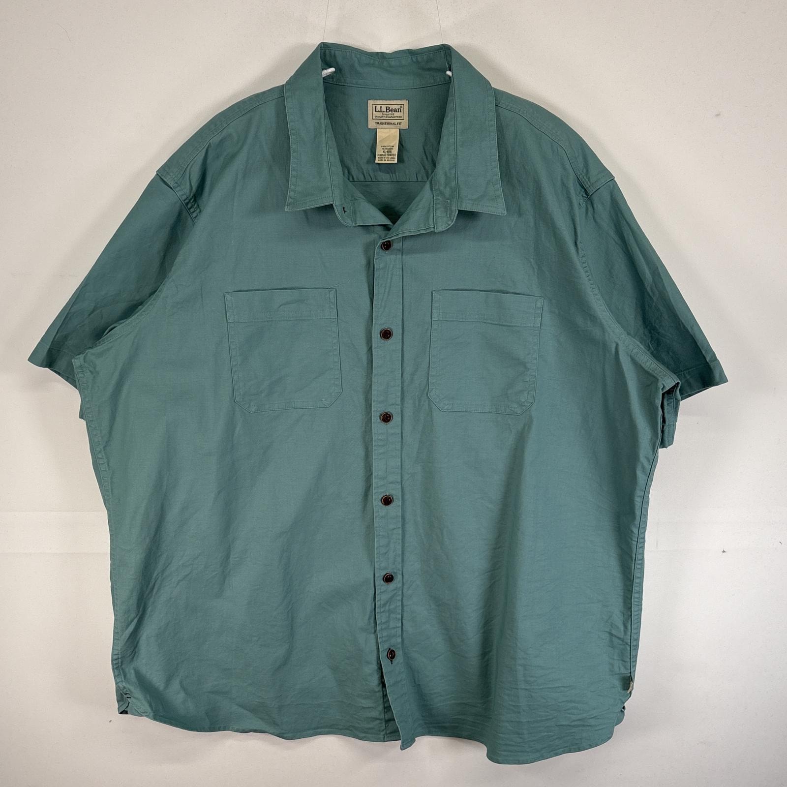 古着 エルエルビーン L.L.Bean 半袖シャツ 大きいサイズ 肉厚 胸ポケ 猫目ボタン XL グリーン系 無地 メンズ