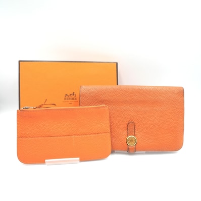 HERMES(エルメス)ドゴン デュオ GM ヴィンテージ 長財布 ウォレット トゴ オレンジ セリエボタン シルバー金具 □N刻印【中古】