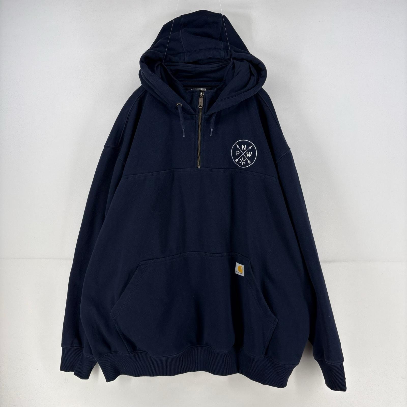 古着 カーハート Carhartt パーカー スウェット ワンポイント ロゴ ハーフジップ プルオーバー 大きいサイズ 3XL  ネイビー メンズ