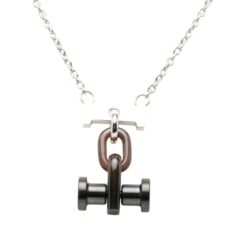 エルメス モビールH チェーン ペンダント ネックレス シルバー ブラウン メタル バッファローホーン レディース HERMES 中古