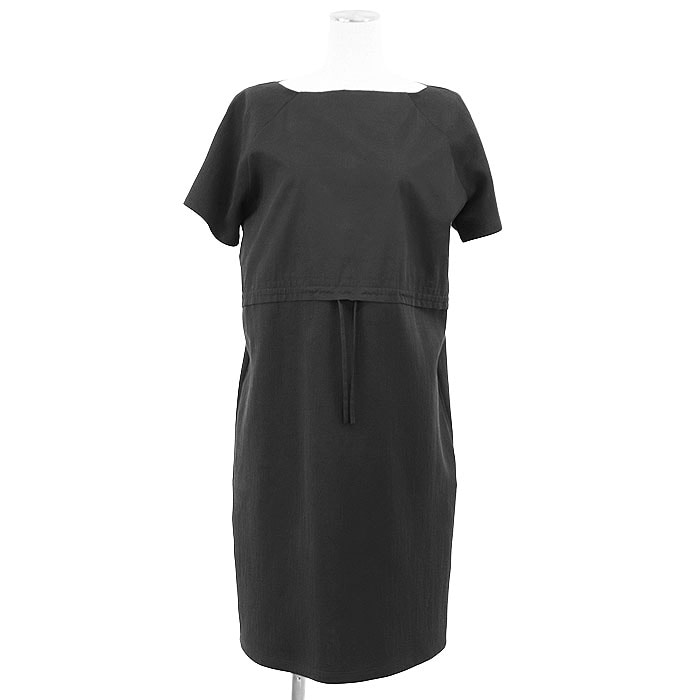 【美品】 プラダ 2015年製 切り替え ボートネック 半袖 ウエスト ドローコード ワンピース レディース ブラック M PRADA