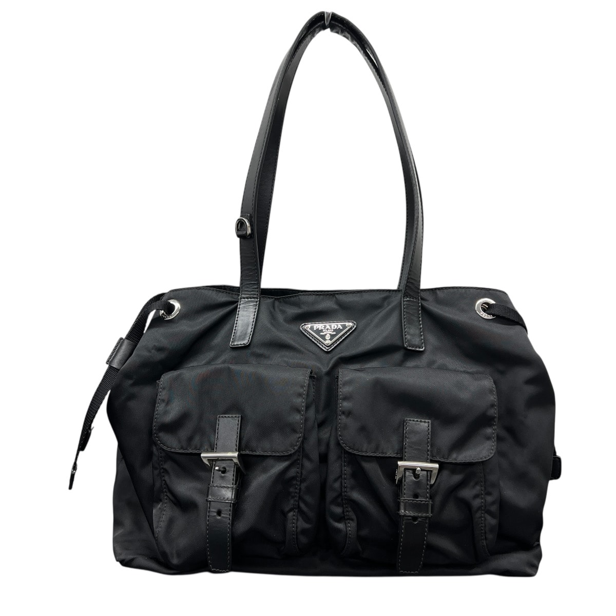 PRADA プラダ ダブルポケット トートバッグ BR3257 テスート ナイロン サフィアーノ レザー ブラック ドローストリング ショルダーバッグ Bランク 鑑定済 中古 プラダバッグ