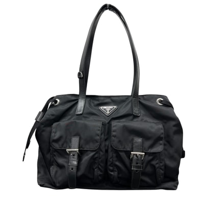 PRADA プラダ ダブルポケット トートバッグ BR3257 テスート ナイロン サフィアーノ レザー ブラック ドローストリング ショルダーバッグ Bランク 鑑定済 中古 プラダバッグ