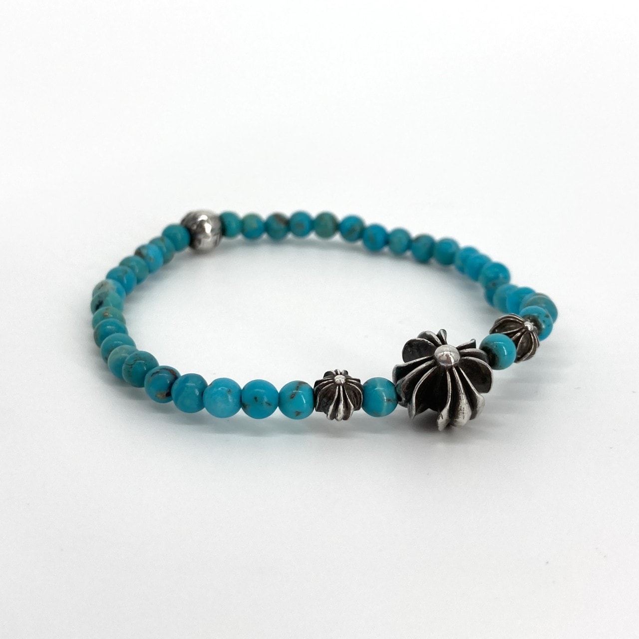 CHROME HEARTS(クロムハーツ) 4mm BEAD ターコイズビーズ SV925 ブレスレット 10.21g ブルー×シルバー