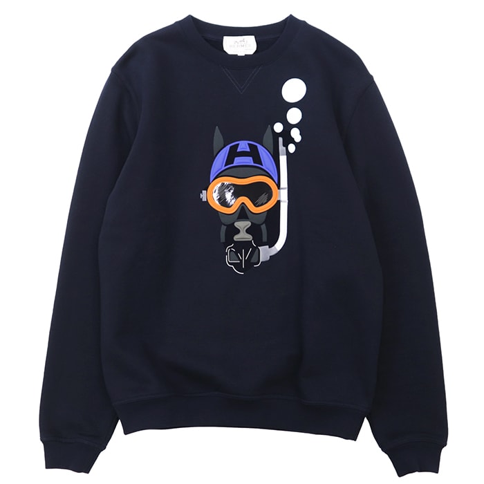 【極美品】HERMES エルメス スウェット サイズ S メンズ 2023SS Scub'H ホース 馬 スキューバ コットン100% プルオーバー クルーネック ロングスリーブ 丸首 長袖 トップス ダークネイビー 紺 イタリア製