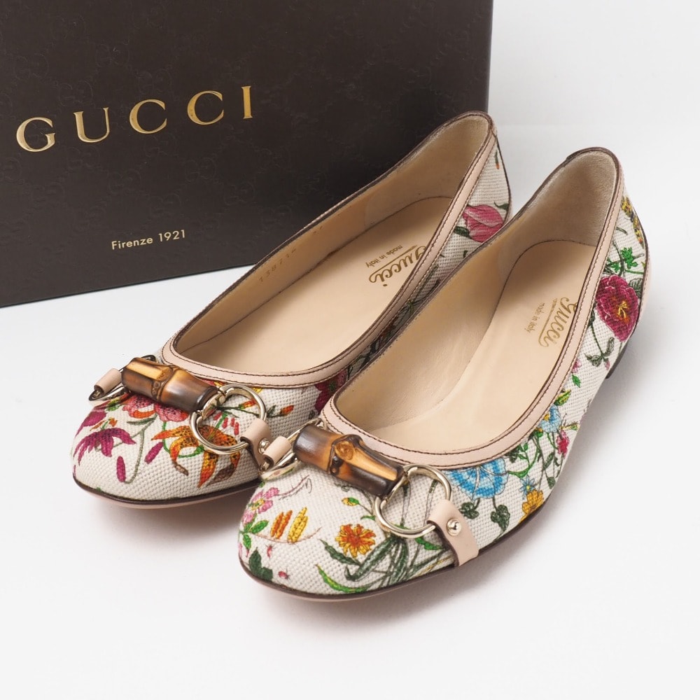 GUCCI グッチ パンプス サイズ37 バンブー ホースビット フラット フラワー レザー × キャンバス ブランド古着【中古】20261019/RB1302