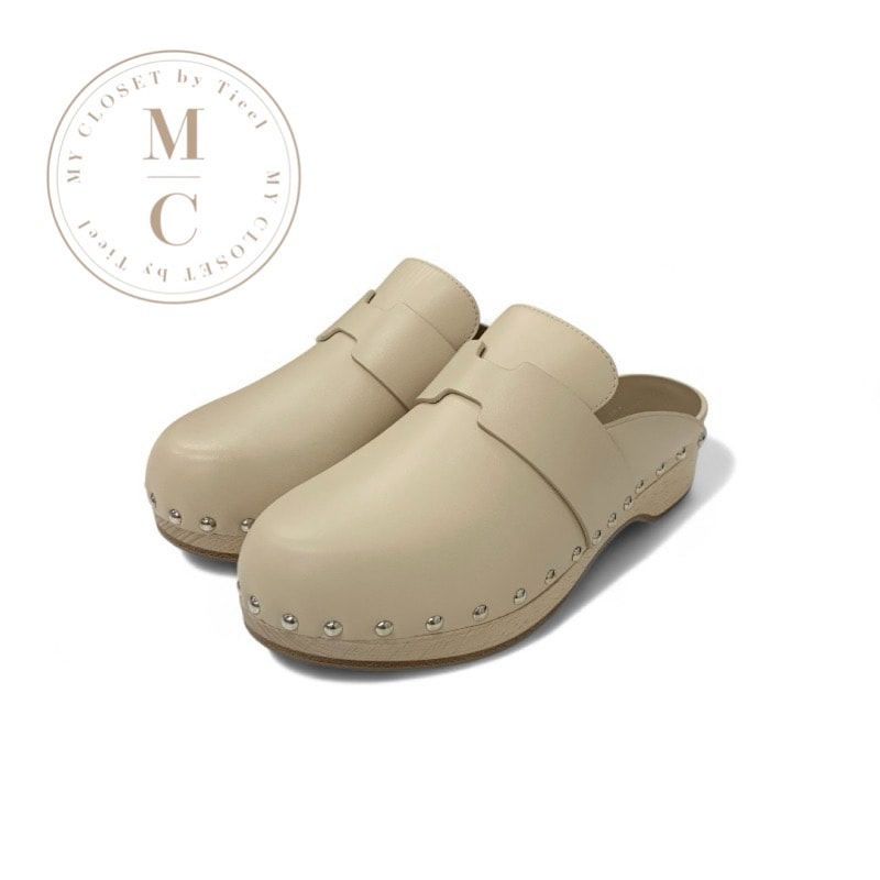 エルメス HERMES カリャ サンダル 靴 シューズ レザー ウッド ベージュ シルバー スタッズ ミュール サボ