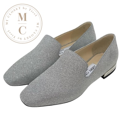 ジミーチュウ JIMMY CHOO フラットシューズ 靴 シューズ レザー シルバー スリッポン ローファー ラメ