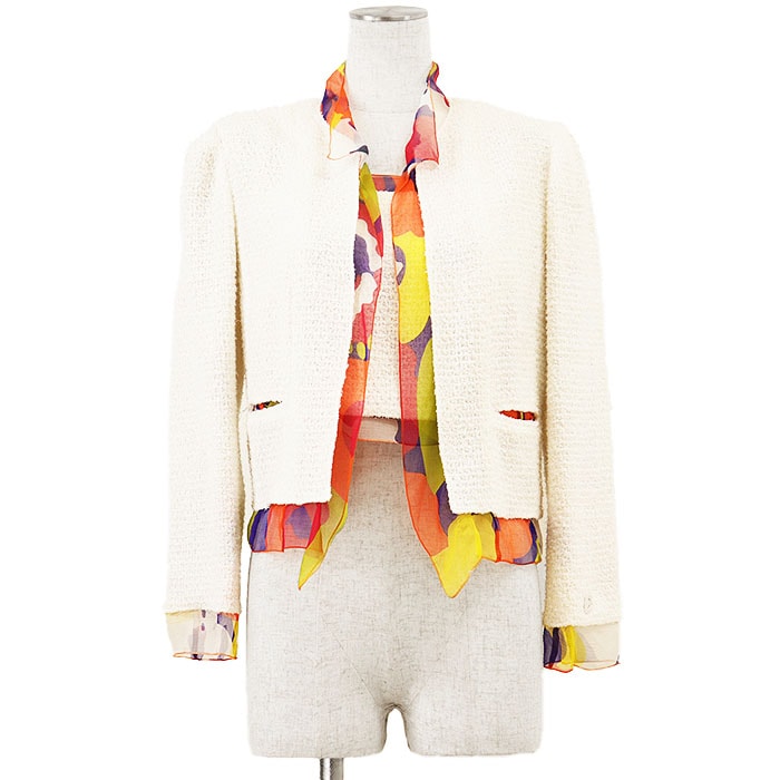 【極美品】CHANEL シャネル ヴィンテージ アンサンブル 00 P15633 ジャケット ビスチェ セットアップ ソフトツイード ノーカラー シフォンライニング レディース サイズ 38 アイボリー マルチカラー フランス製 カール・ラガーフェルド期