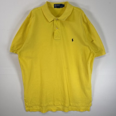 古着 90's/90年代 ポロバイラルフローレン Polo by Ralph Lauren 鹿の子 半袖 ポロシャツ ロゴ 刺繍 2ボタン L イエロー 無地 メンズ