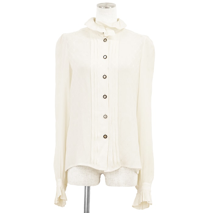 CHANEL シャネル フリルブラウス サイズ 36 レディース P71054 シルク100% シアー カメリア ダイヤ ジャガード ロゴ COCOマークボタン ロングスリーブ 長袖 トップス アイボリー 総柄 フランス製 ヴィルジニー・ヴィアール期