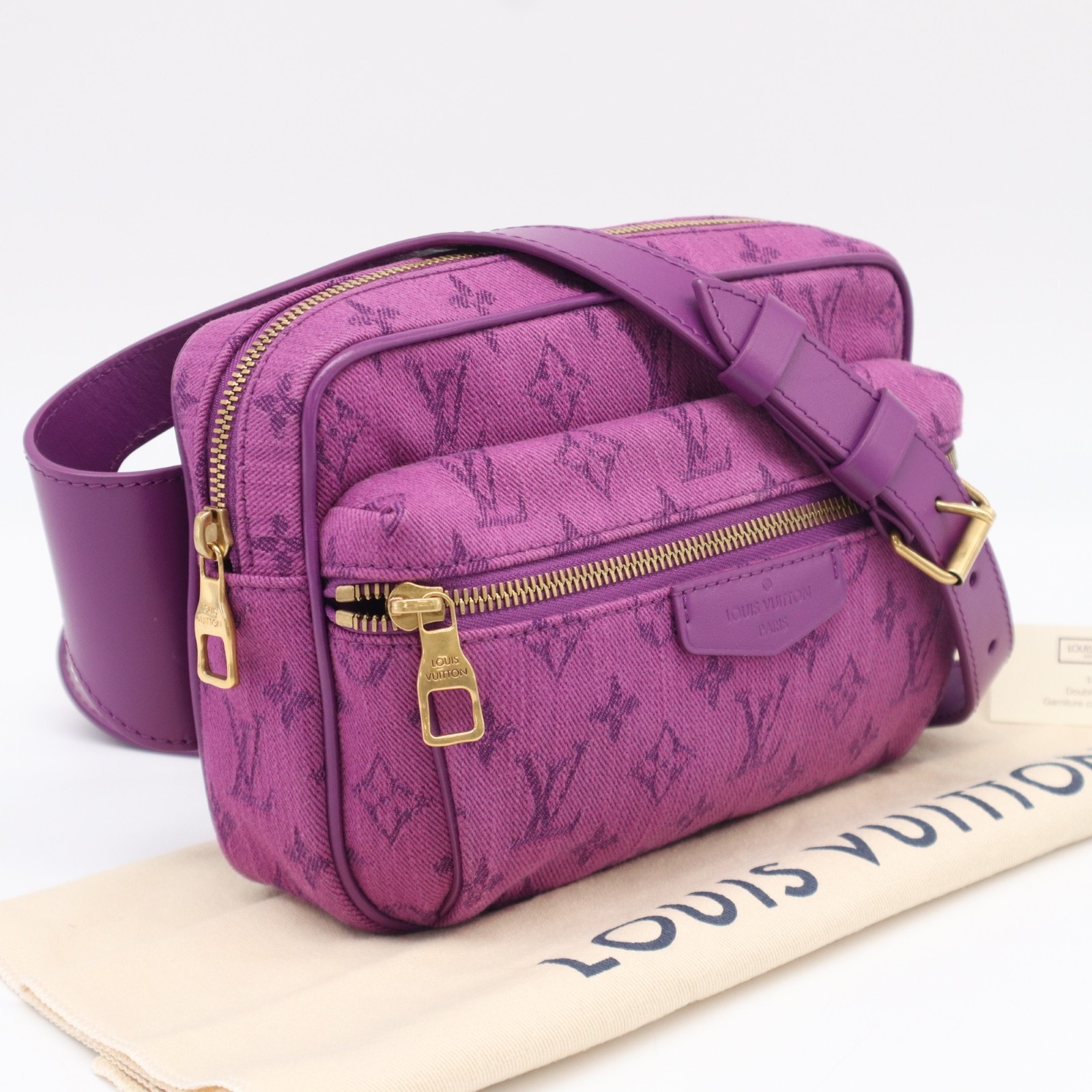 美品 LOUIS VUITTON ルイ・ヴィトン モノグラム デニム バムバッグ アウトドア ヴィオレ M44624 ショルダーバッグ パープル コットン レザー レディース