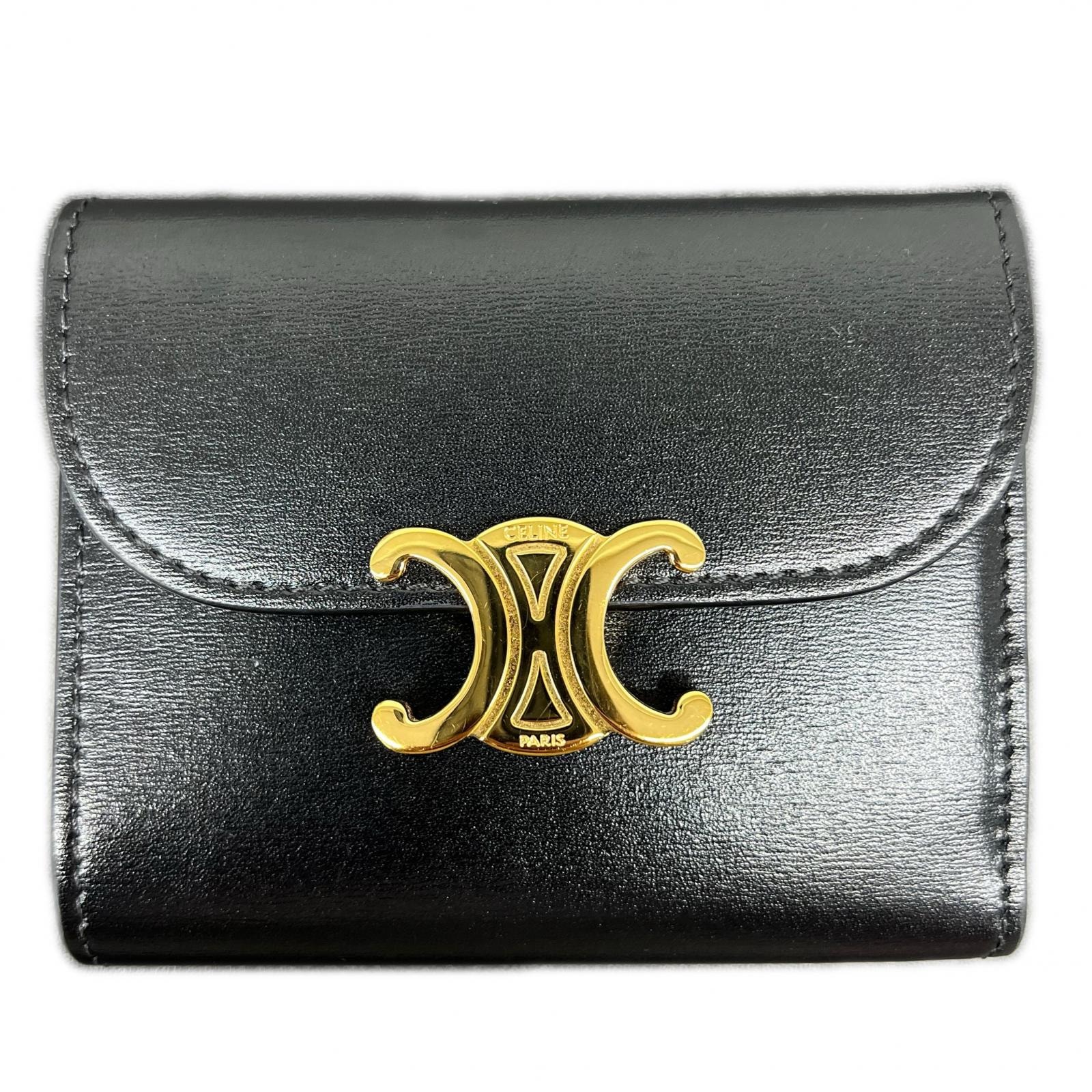 CELINE 極美品 セリーヌ SMALL FLAP WALLET トリオンフ スモール フラップ ウォレット 三つ折り財布 10D783 レザー ブラック ゴールド コンパクトウォレット ミニ財布 マカダム Aランク 中古 鑑定済 セリーヌ財布