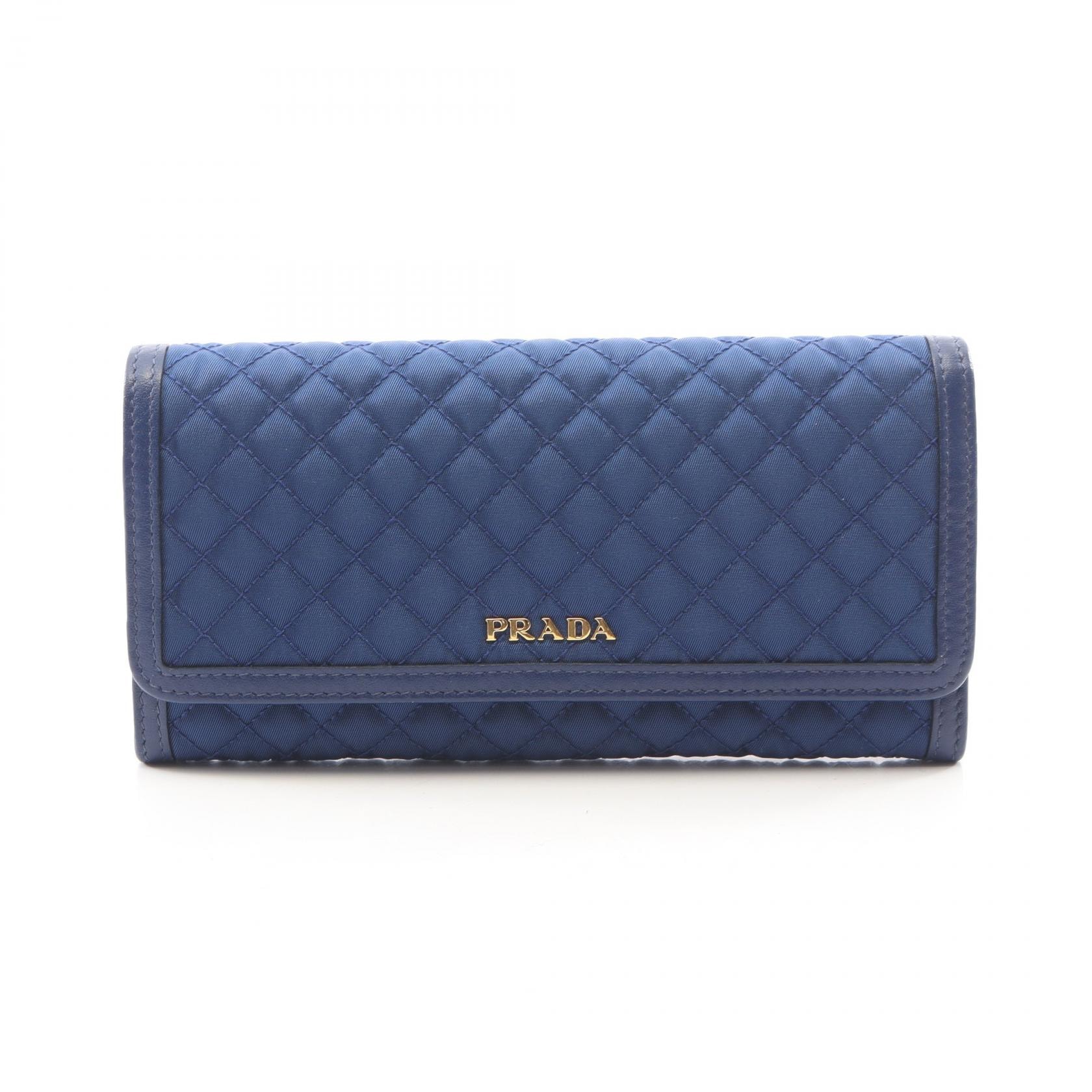 プラダ PRADA キルティング 二つ折り長財布 財布 ナイロン レザー レディース ブルー系 【中古】
