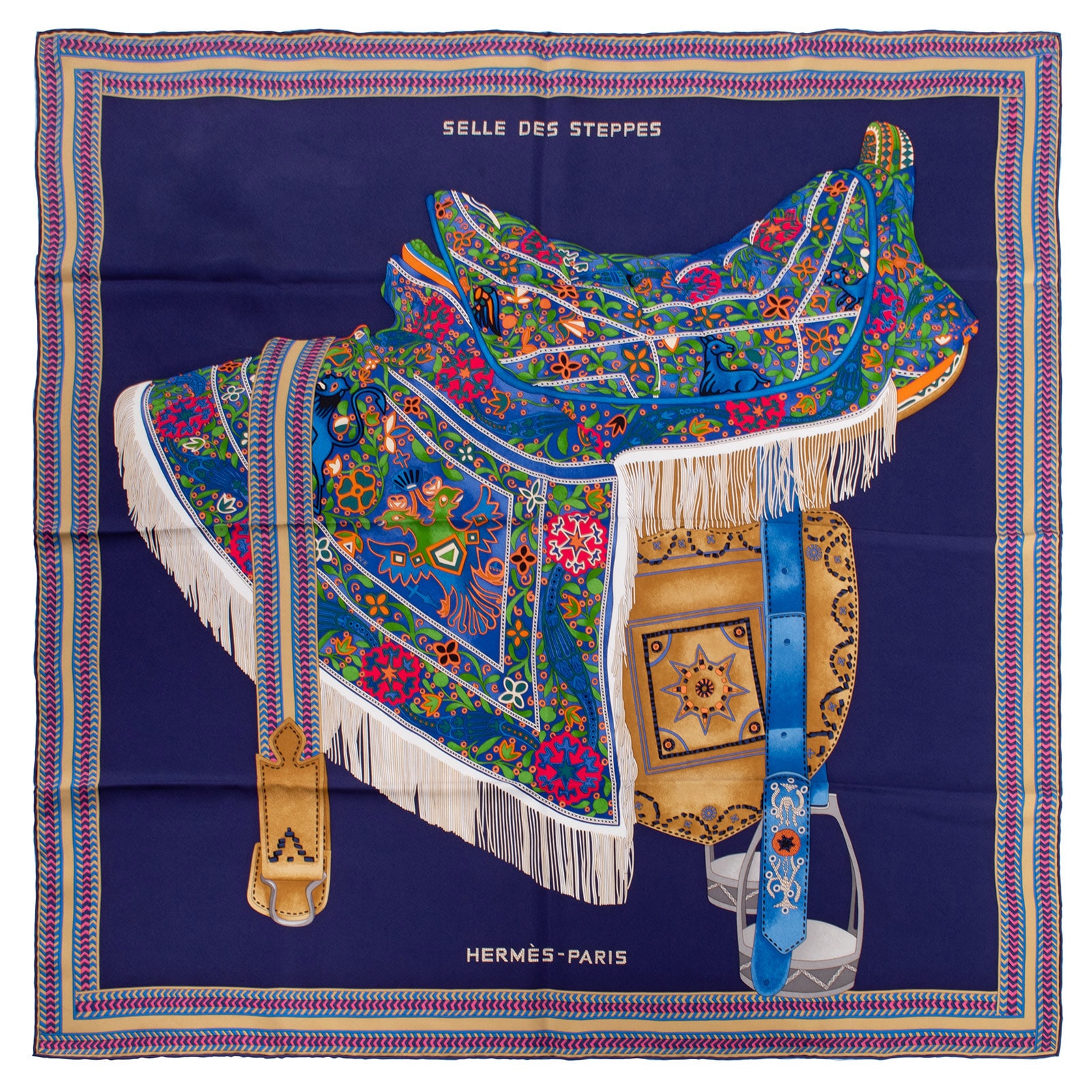HERMES エルメス スカーフ カレ90 Selle des Steppes セル・デ・ステップ 幻想の鞍 003682S シルク ネイビー マルチカラー【中古】