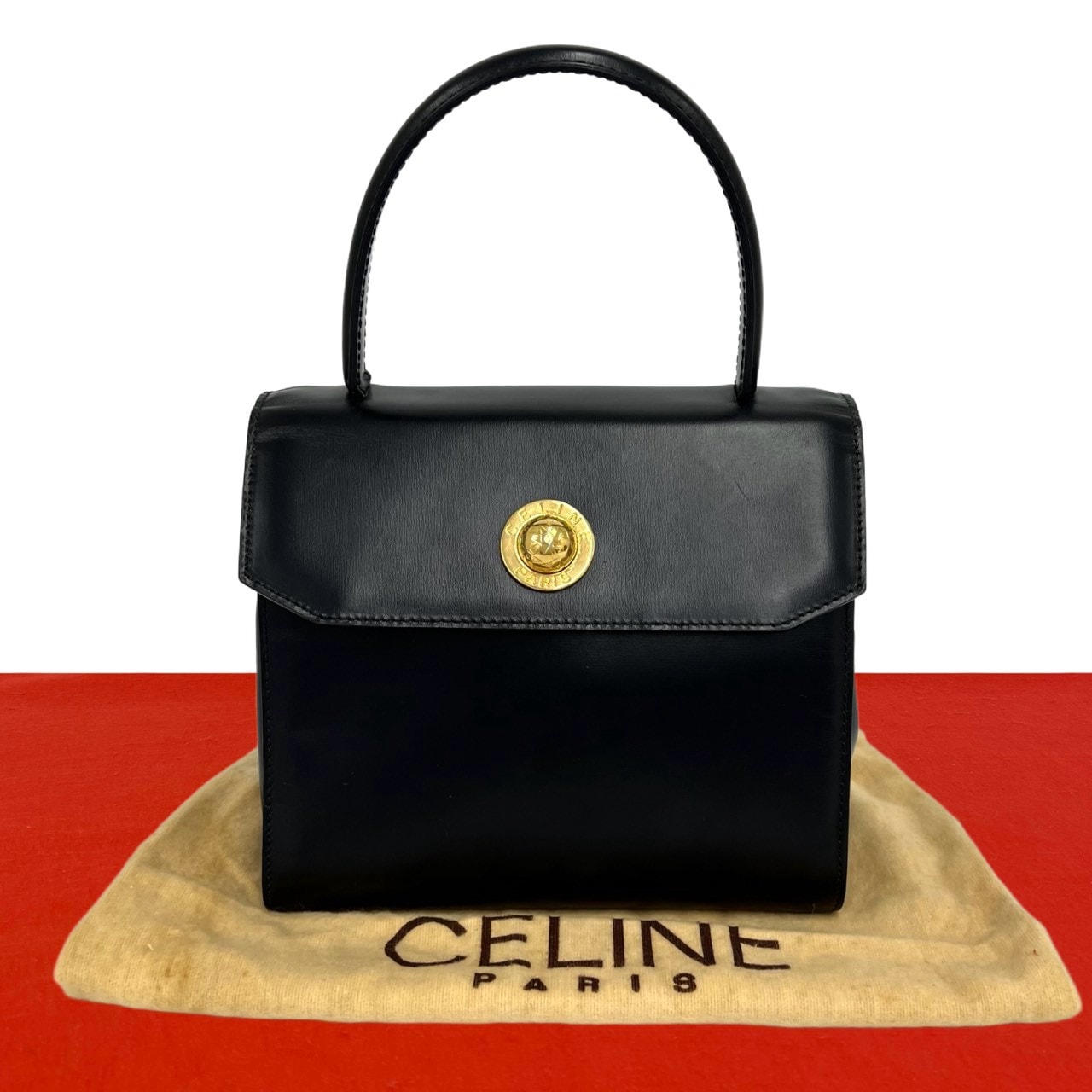 CELINE セリーヌ スターボール 金具 カーフ レザー ハンドバッグ ブラック
 j90-4