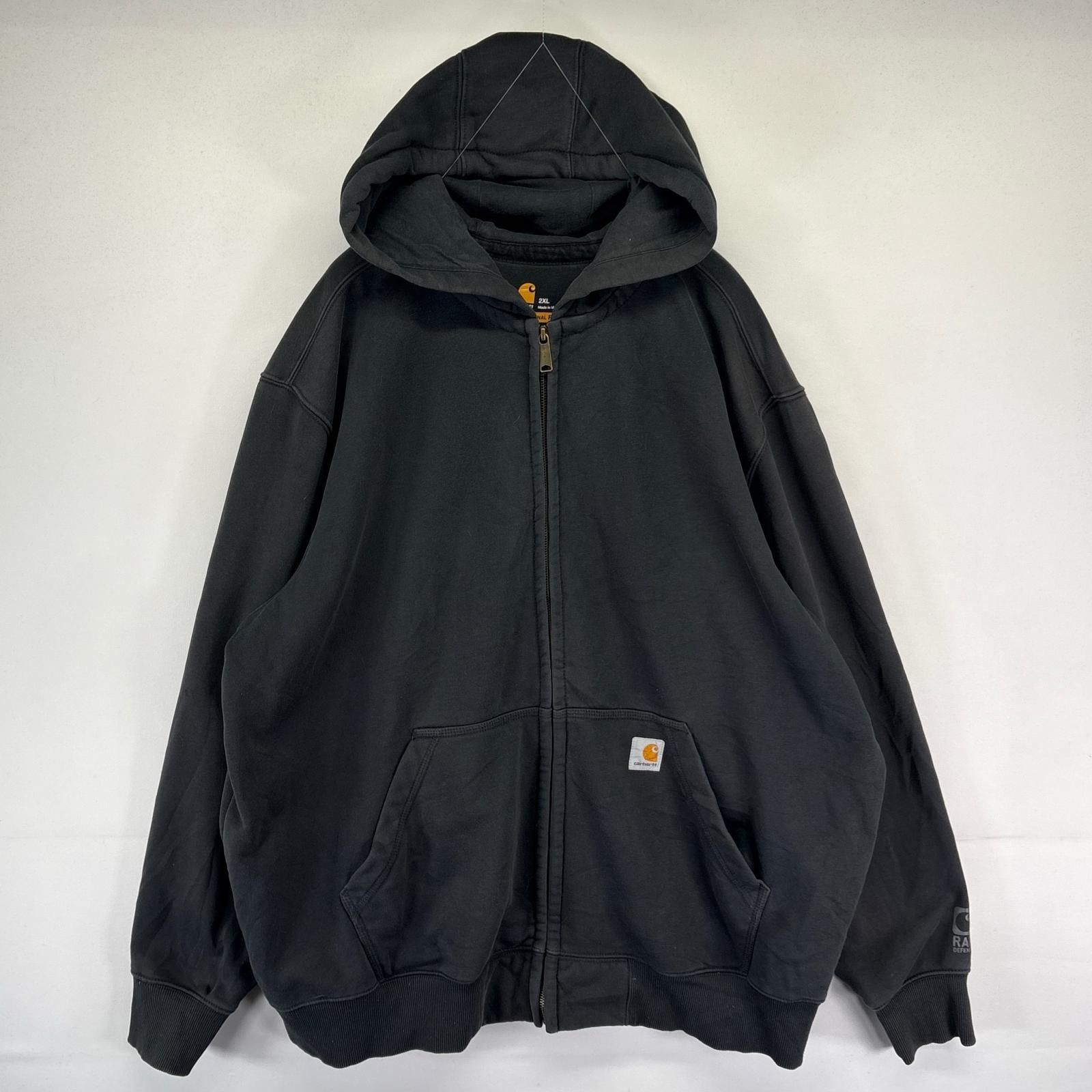 古着 カーハート Carhartt パーカー フルジップ ワンポイント フード 厚手 大きいサイズ 2XL ブラック系 メンズ