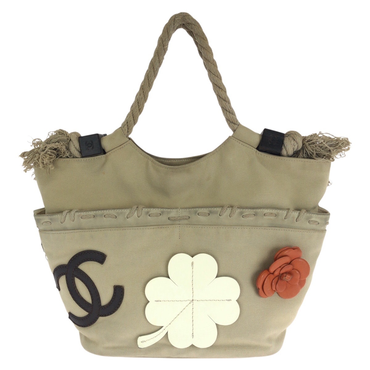 CHANEL シャネル フィッシュネット ロープ ココマーク ベージュ シルバー金具 キャンバス トートバッグ ハンドバッグ 1-0296092 【中古】