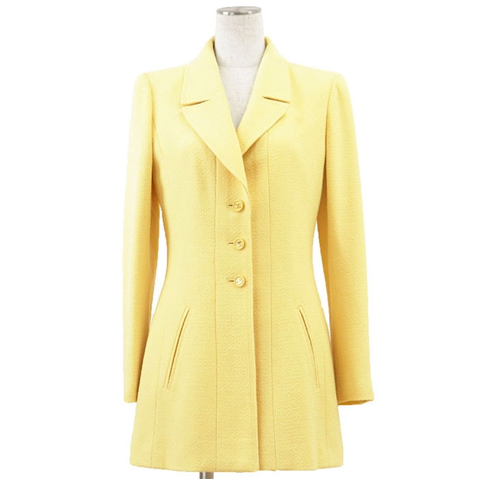 【美品】CHANEL シャネル ヴィンテージ 97P P07232 1997年製 ジャケット ツイード COCOマーク ロゴ ボタン テーラード ウール / ナイロン コート アウター レディース サイズ 38 ライトイエロー 黄 フランス製