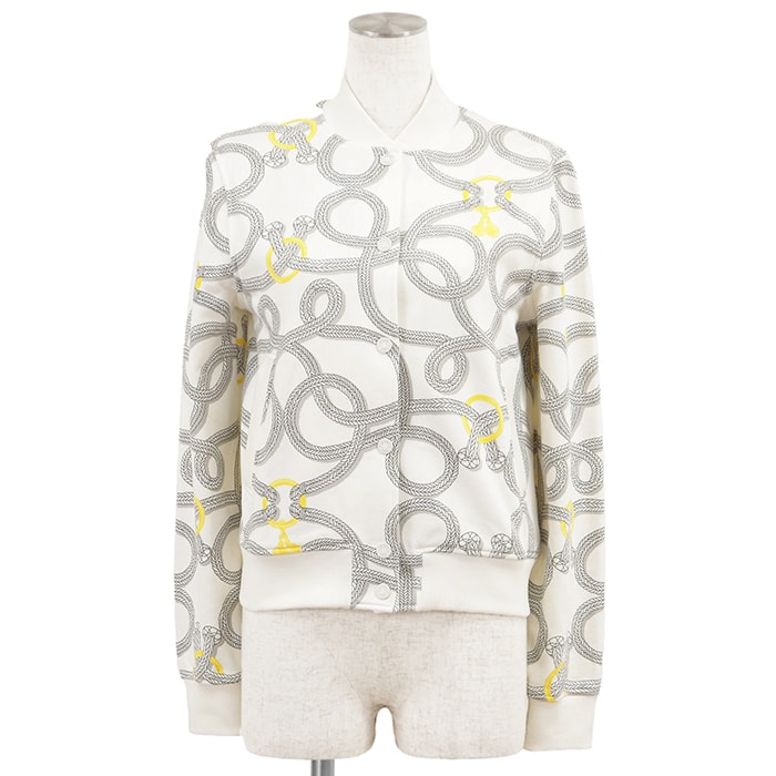 【新品同様】HERMES エルメス テディブルゾン 36 レディース 5H4203DT Palefroi Remix パルフロワ・リミックス ロープ 馬具モチーフ プリント スナップ セリエボタン コットン100% アウター ホワイト イエロー 総柄 伊製