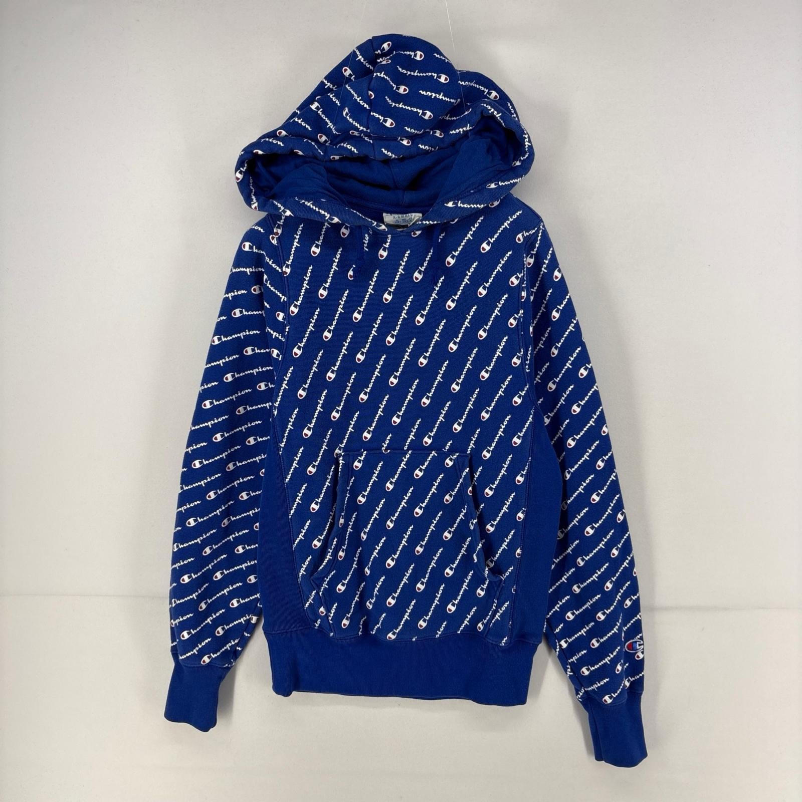 古着 チャンピオン Champion パーカー プルオーバー ロゴ リバースウィーブ スウェット 総柄 XS ブルー 総柄 メンズ