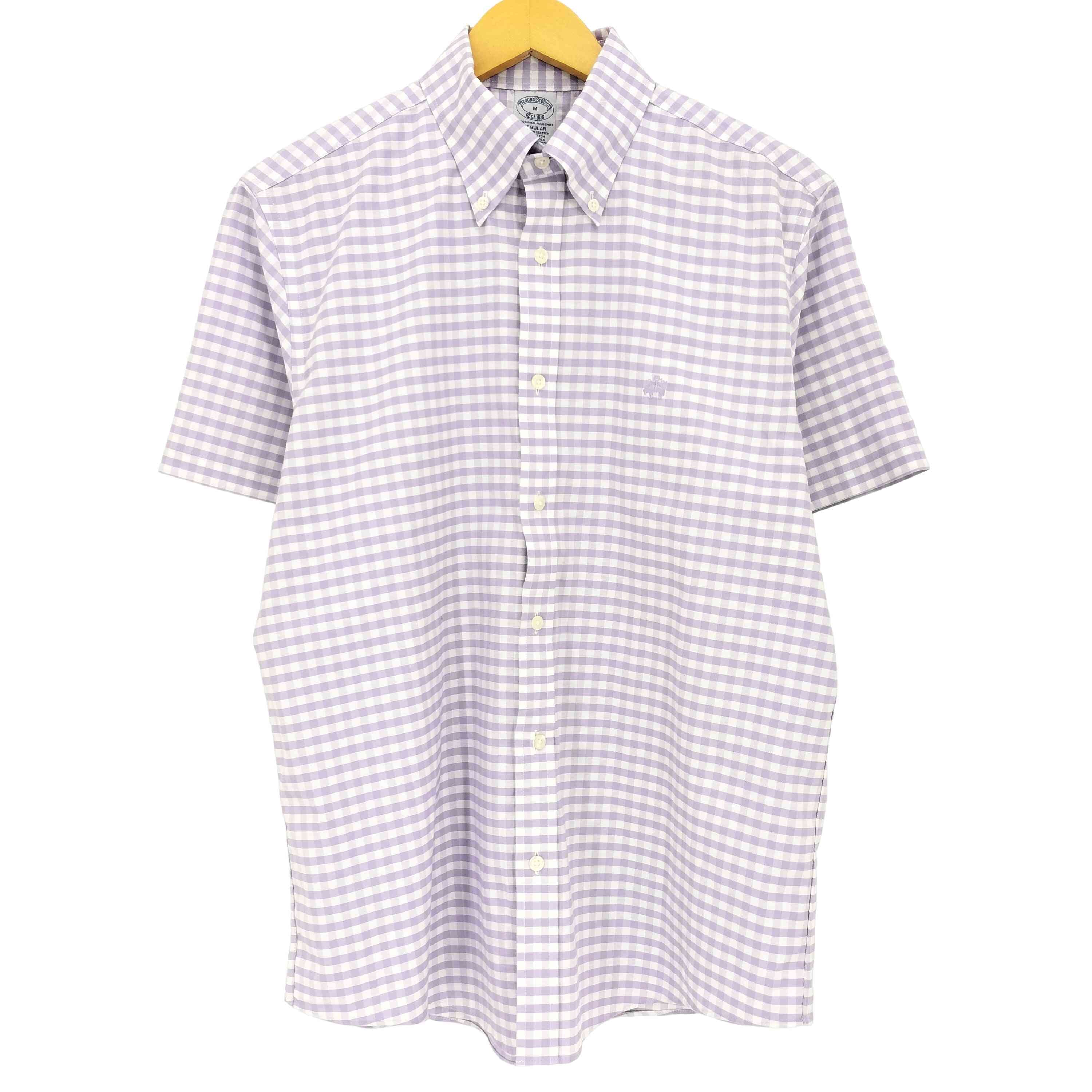 REGULAR NON-IRON STRETCH ロゴ刺繍 ギンガムチェック 半袖 ボタンダウンシャツ【1142287857287】