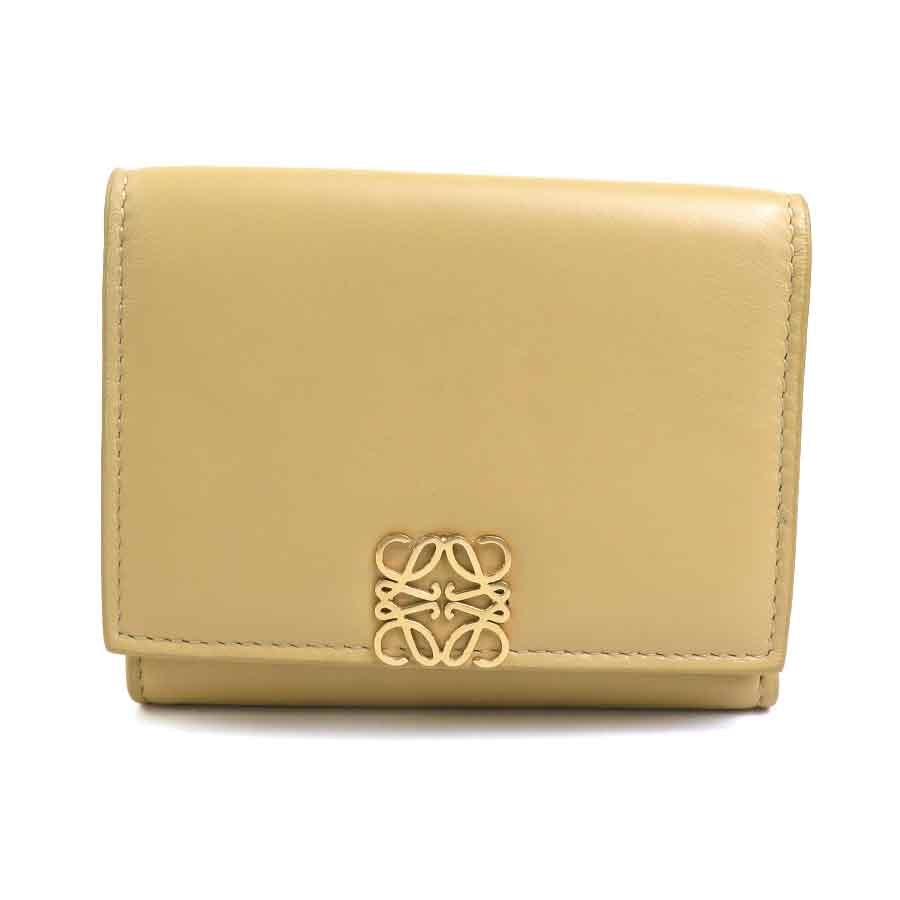 ロエベ LOEWE 三つ折り財布 アナグラム レザー イエローベージュ レディース【中古】 h32552i