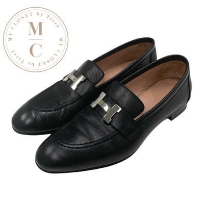 エルメス HERMES パリ ローファー 革靴 靴 シューズ レザー ブラック 黒 シルバー モカシン フラットシューズ H金具