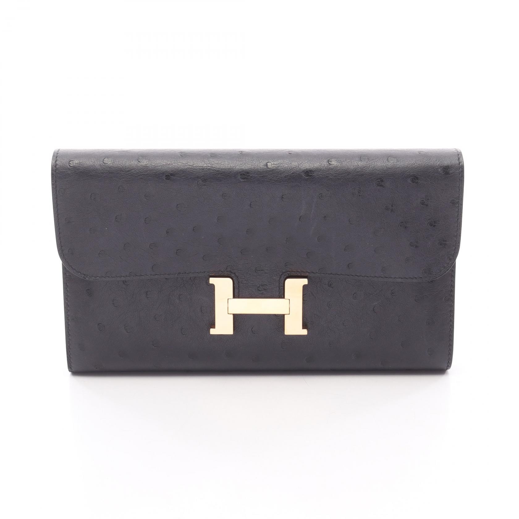 エルメス HERMES コンスタンスロング キャバン 二つ折り長財布 財布 オーストリッチ オーストリッチ C刻印(2018年製造) レディース ネイビー系 【中古】