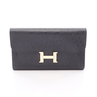 エルメス HERMES コンスタンスロング キャバン 二つ折り長財布 財布 オーストリッチ オーストリッチ C刻印(2018年製造) レディース ネイビー系 【中古】