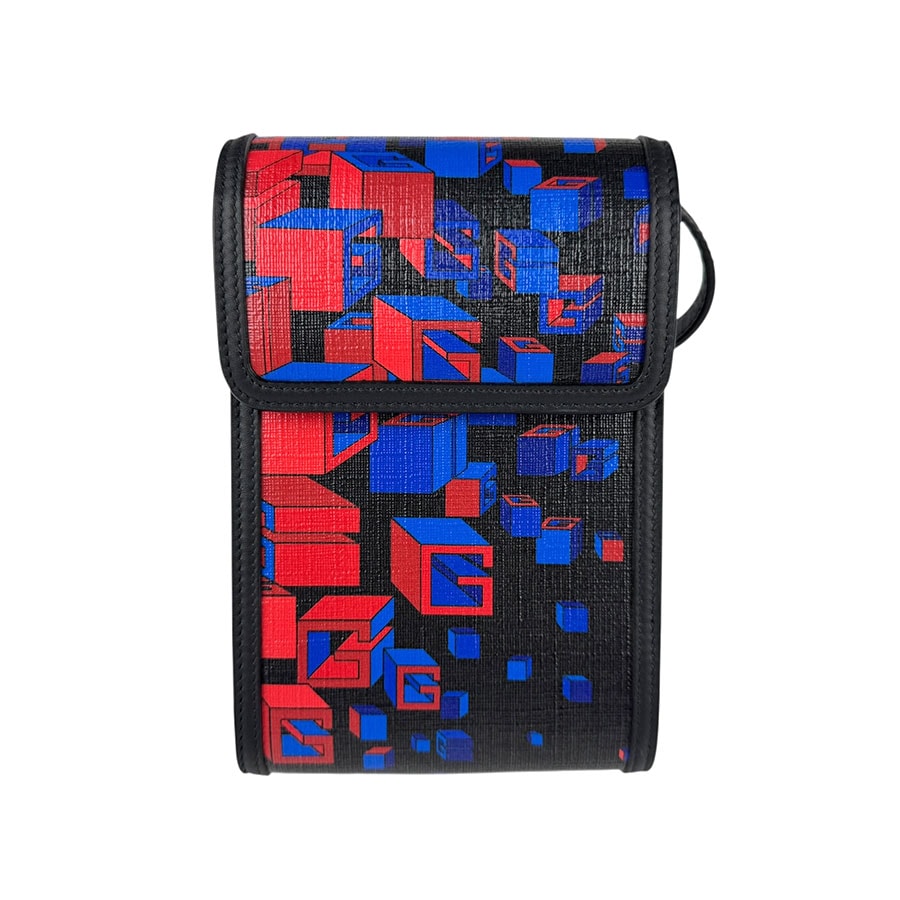 グッチ GUCCI フォンポーチ フォンホルダー PVC/レザー ブラック/レッド/ブルー メンズ 631766【中古】 z5033