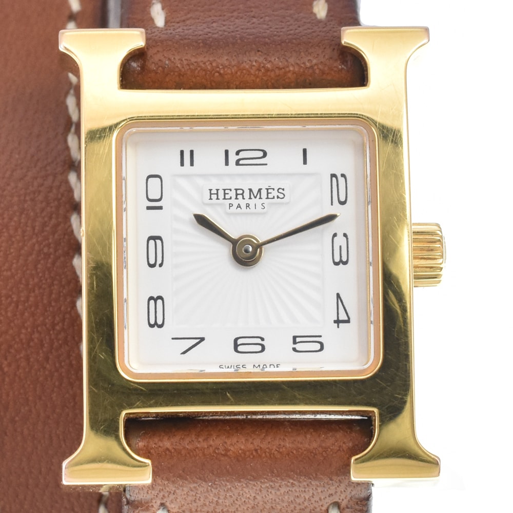 値下 エルメス HERMES HH1.101 Hウォッチ ドゥブルトゥール ホワイト クォーツ レディース 良品 腕時計 E#147212