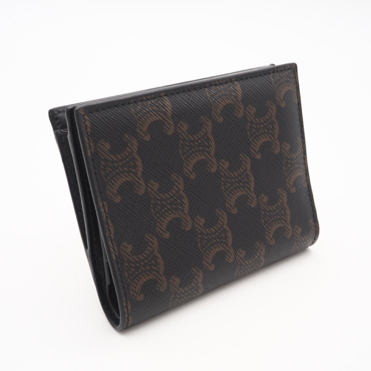 美品 CELINE セリーヌ トリオンフキャンバス コンパクトウォレット 10E492BZR 二つ折り財布 ブラウン ブラック コーティングキャンバス レザー レディース