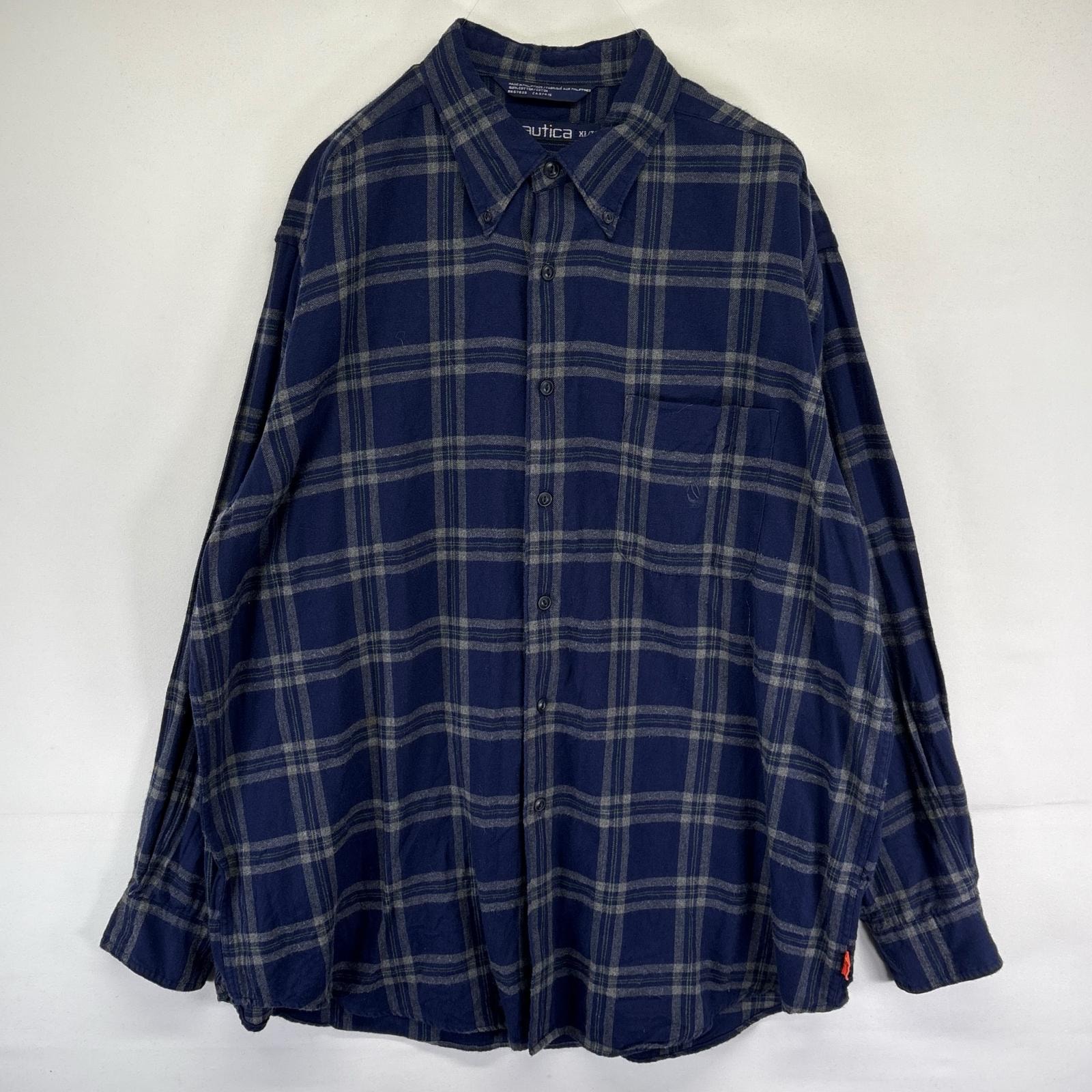 古着 90's/90年代 ノーティカ NAUTICA 長袖シャツ ボタンダウン ワンポイント刺繍ロゴ 大きいサイズ XL  ネイビー系 チェック メンズ