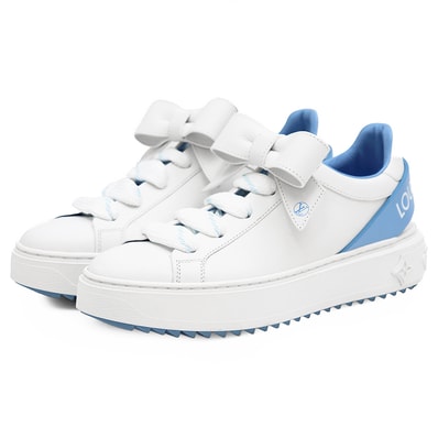 【未使用】LOUIS VUITTON ルイ・ヴィトン ローカットスニーカー サイズ 34.5 レディース 2021年モデル タイムアウト LVサークル リボン プラットフォーム 厚底 シューズ 靴 袋付属 ホワイト サックスブルー 白 青 イタリア製