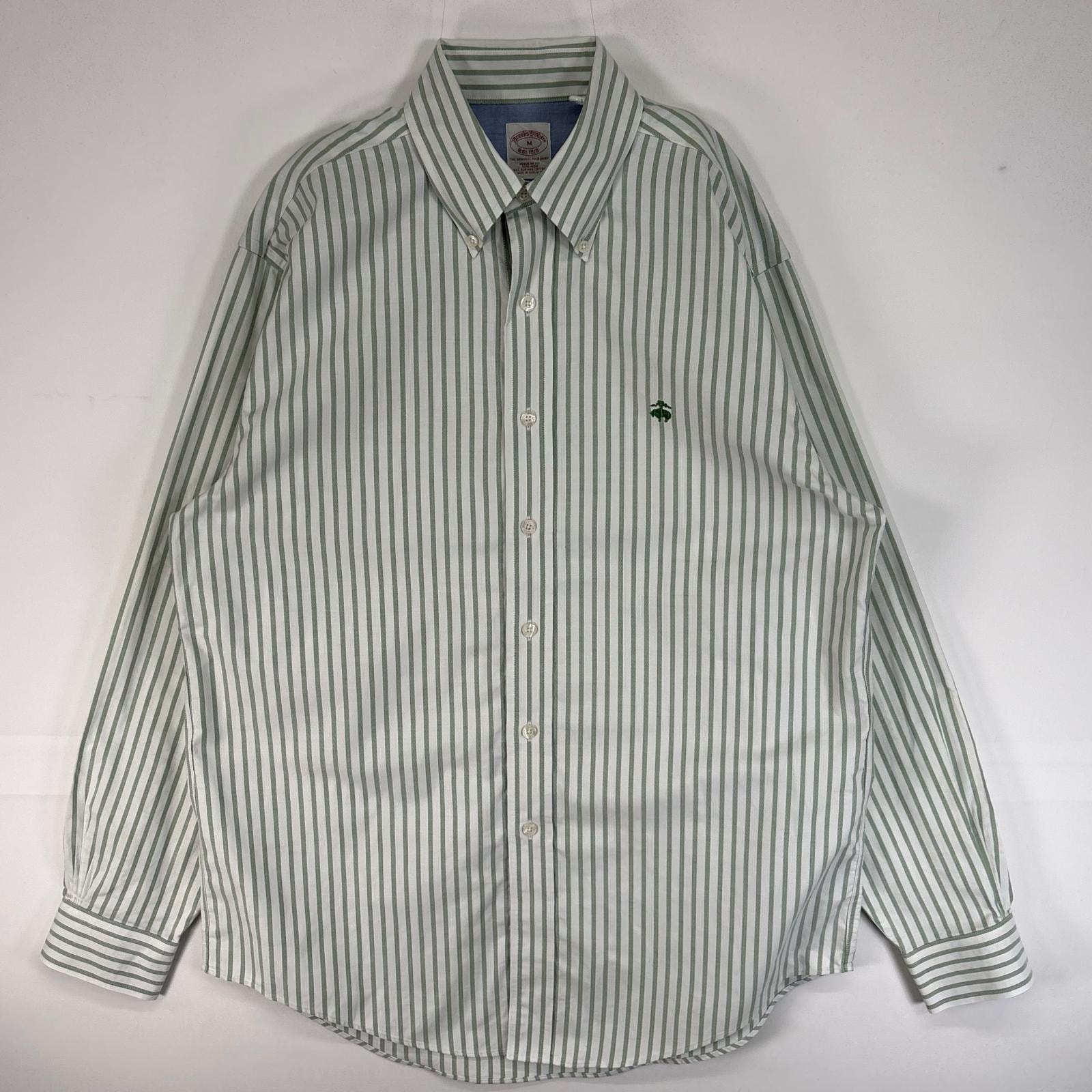 古着 ブルックスブラザーズ Brooks Brothers 長袖シャツ ロゴ 刺繍 REGULAR FIT ボタンダウン M  グリーン系 ストライプ メンズ