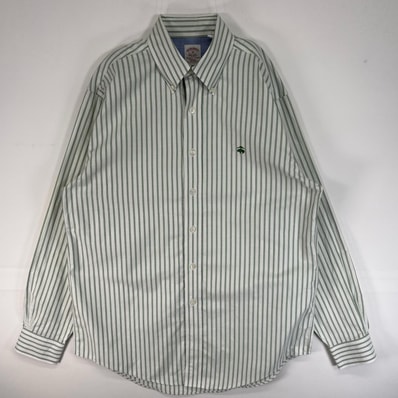 古着 ブルックスブラザーズ Brooks Brothers 長袖シャツ ロゴ 刺繍 REGULAR FIT ボタンダウン M グリーン系 ストライプ メンズ