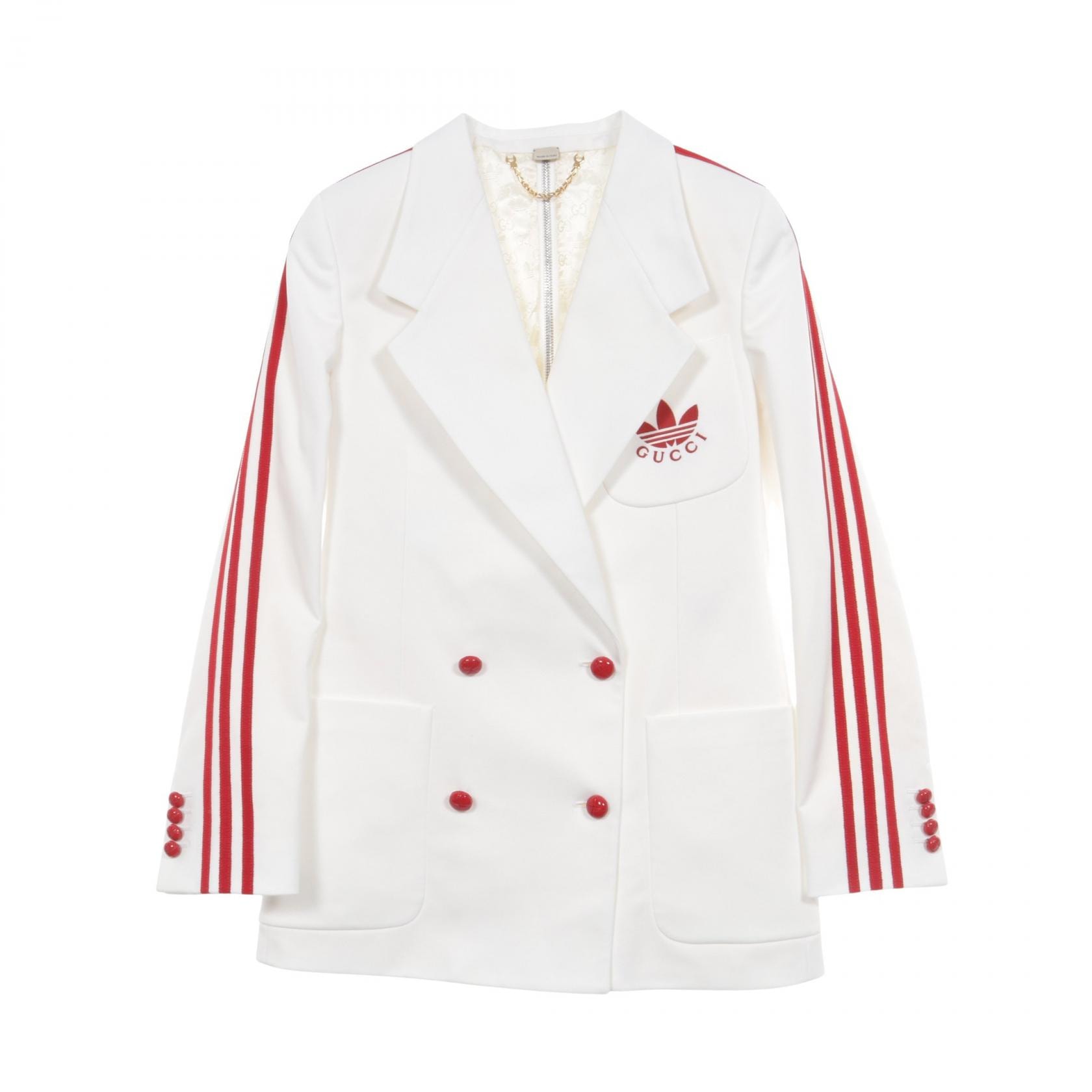 グッチ GUCCI GUCCI × adidas ジャージー ダブルブレスト テーラードジャケット 衣料品 アウター ポリエステル レディース ホワイト系 / レッド系 712117 【中古】