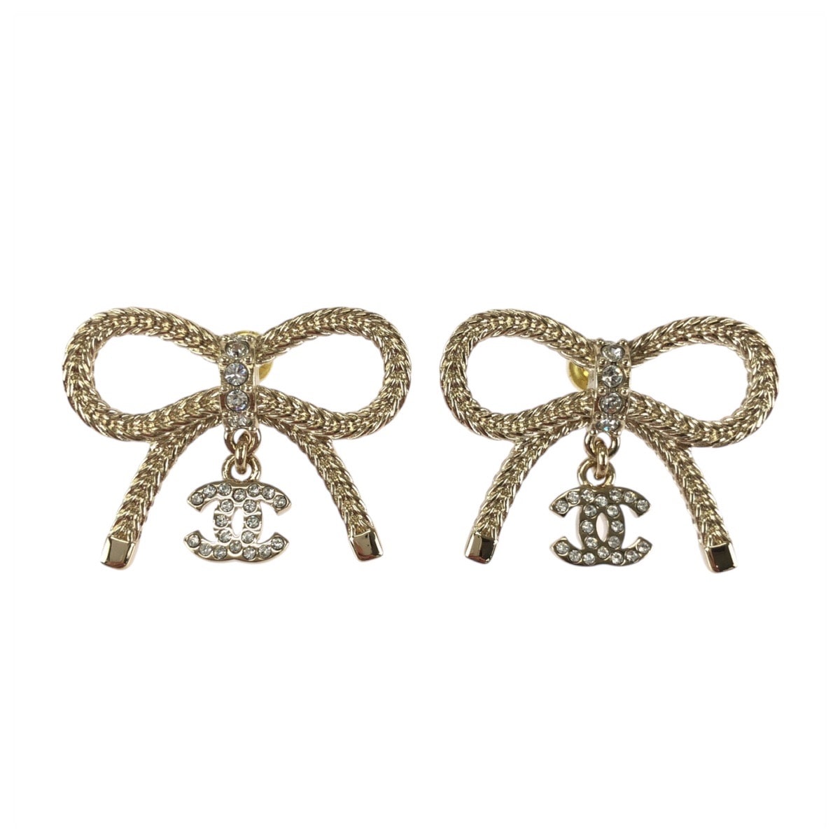 新品未使用 CHANEL シャネル リボン ココマーク ラインストーン ゴールド メッキ ピアス B24 K刻印 602382 【中古】