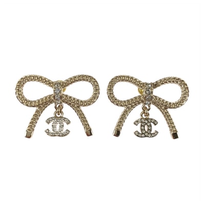 新品未使用 CHANEL シャネル リボン ココマーク ラインストーン ゴールド メッキ ピアス B24 K刻印 602382 【中古】