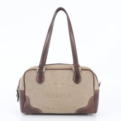 ■美品 プラダ ジャガード ロゴショルダーバッグ レザー×キャンバス